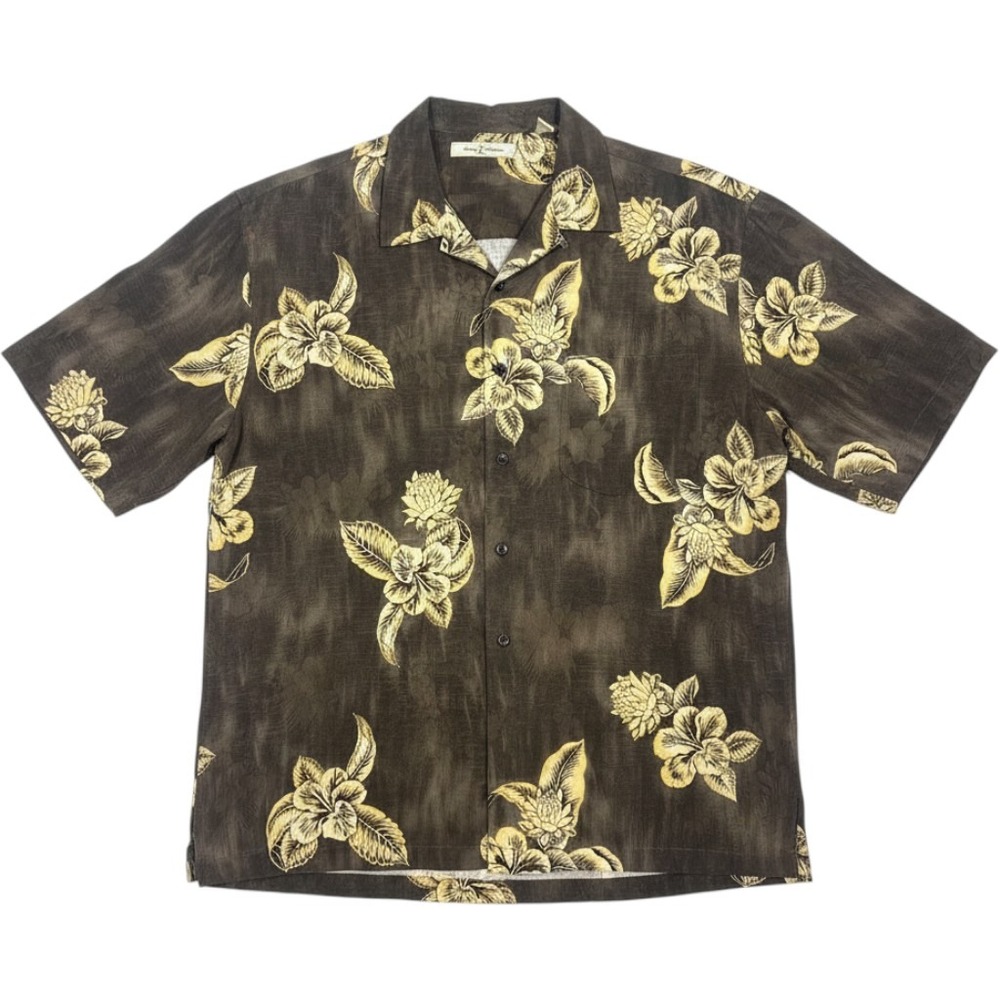 Tommy Bahama Mens XL Silk Floral Camp Shirt Brown Yellow Hibiscus Short Sleeve